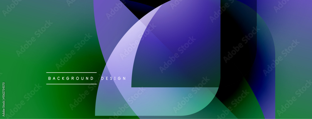 Poster abstract geometric shapes overlap, creating vibrant color gradients. green, purple, blue hues domina