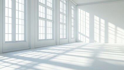 A sunlit, pristine, white room with large windows.  Shadows stretch across the floor