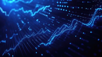 Abstract data visualization with glowing, dynamic graphs and lines.  Blue,  light trails across a dark background, showing upward and downward trends.  Dotted particles accentuate the curves