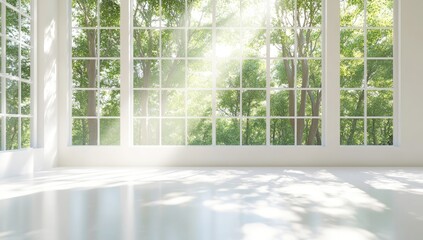 Sunlight streams through large windows into a bright, empty room