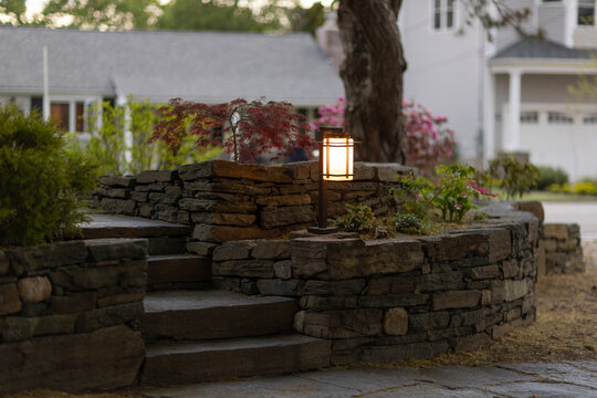 Landscape Architecture stone wall lighting dusk 