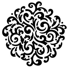 Decorative round ornament  for laser cut, Abstract ornate curl pattern in black and white, filigree flourish illustration, symmetrical mandala vector graphic for design