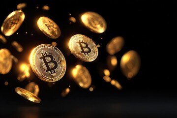 Golden bitcoin digital coins are in motion.