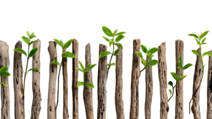 A row of wooden fence posts with fresh green sprouts emerging, isolated on a white background.