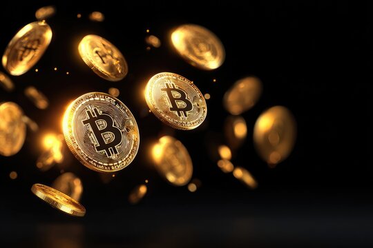 Golden bitcoin digital coins are in motion.