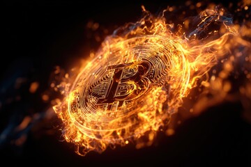 Burning cryptocurrency emblem surrounded by flames.
