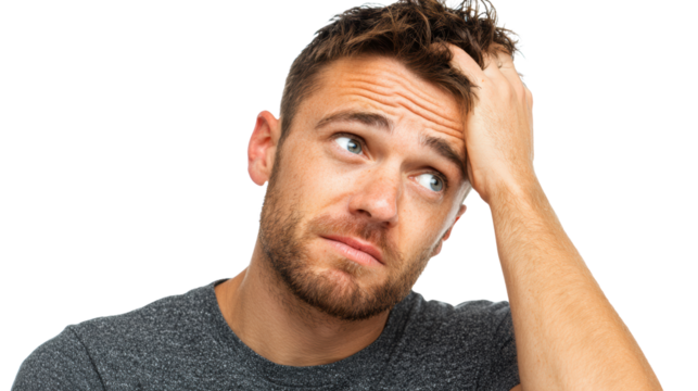 A young man displaying frustration and contemplation, isolated on a white background.