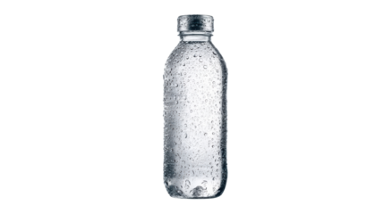 Clear water bottle with bubbles, isolated on a white background.