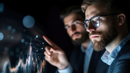 Focused Businessmen Analyzing Financial Data on Digital Screen