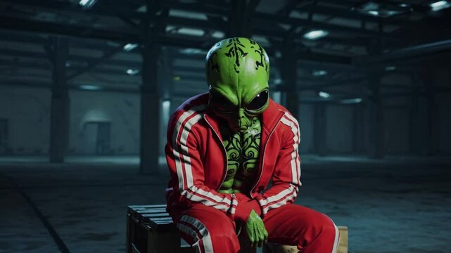 Alien vert en surv&ecirc;tement rouge assis dans un entrep&ocirc;t