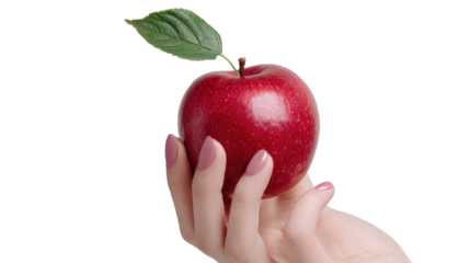 Fresh red apple held by hand, isolated on white background, symbolizing health and nutrition.