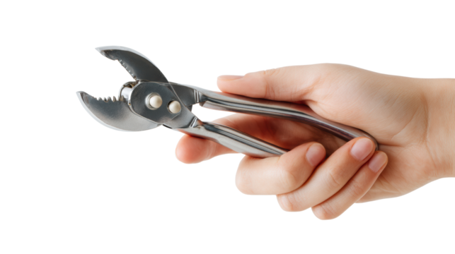 Hand holding a pair of metal pliers, tools for gripping and twisting.