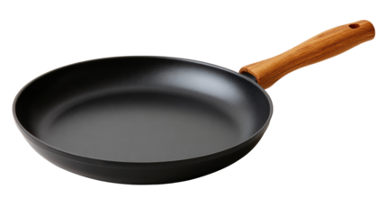 Non-stick frying pan with wooden handle, isolated on white background.