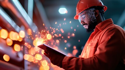 Skilled Worker Using Tablet in Factory with Sparks and Safety Gear