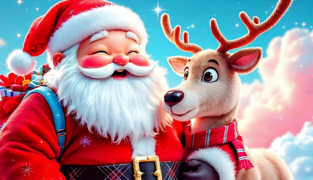 Santa Claus and his Reindeer, a joyful Christmas scene