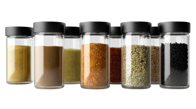 Set of spice jars containing various colorful spices, isolated on white background.