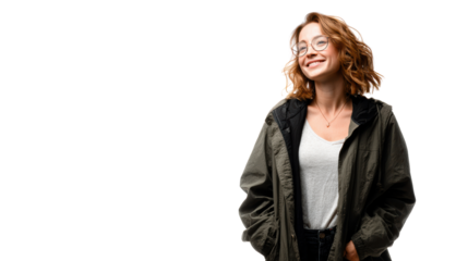 Smiling woman in casual outfit, on isolated background, expressing happiness and confidence.