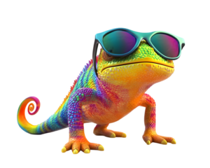 A vividly colored chameleon sports stylish sunglasses against a stark black backdrop, showcasing detailed textures and a fun, whimsical design, transparent background