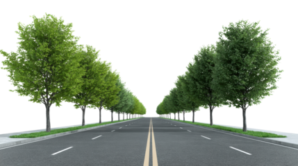 Straight road lined with vibrant trees, isolated on a white background.
