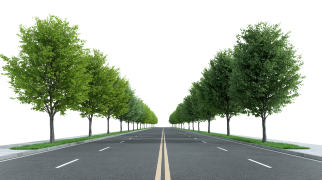 Straight road lined with vibrant trees, isolated on a white background.
