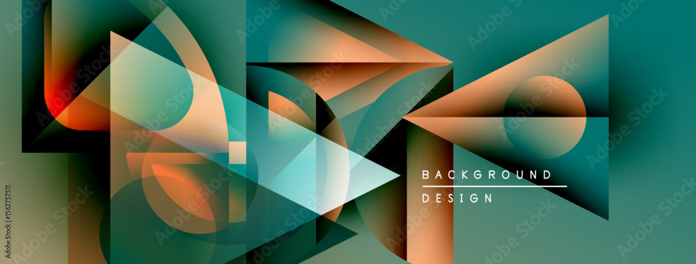 Poster Abstract geometric composition. Teal, orange hues blend, creating dynamic visual effect. Modern design elements present layered shapes.