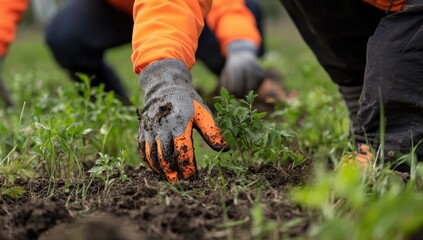Close-up of hands in work gloves planting a small sapling.  Hands wearing orange jackets and gray gloves work in dark soil, among green grass and plants