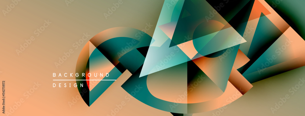Poster Abstract geometric shapes overlap, creating dynamic visual effect. Warm colors blend with cool tones. Modern design element.