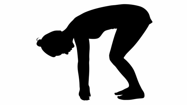 Silhouette of a woman bending over with straight arms and knees bent in a forward fold position pose