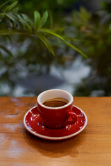 Espresso in a red cup on wooden table with blurred green background