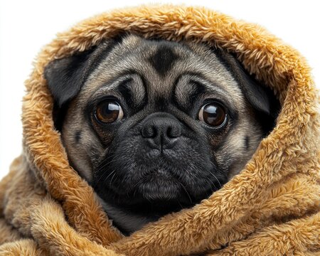 Cozy pug wrapped in a fluffy blanket, looking curiously at the viewer