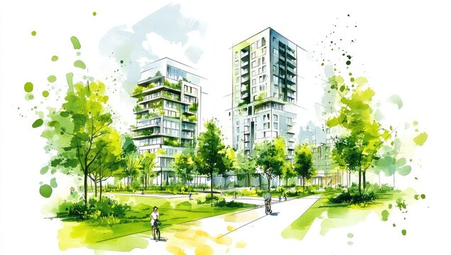 Urban landscape sketch, watercolor style. Lush green trees and plants surround modern apartment buildings.  People are seen walking