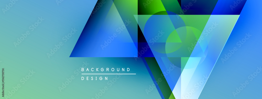 Poster Abstract geometric shapes overlap, creating vibrant blue, green gradients. Minimalist design with text background design visible.