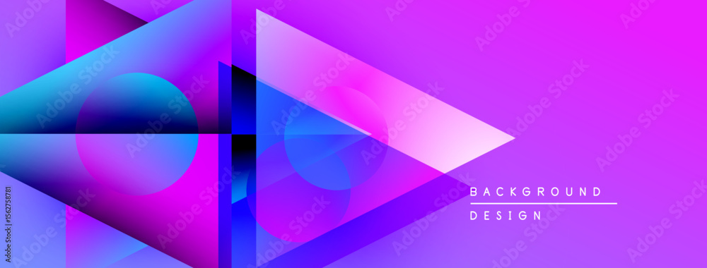 Poster Abstract geometric shapes overlap, creating vibrant purple gradient background. Modern design elements suggest digital art composition.