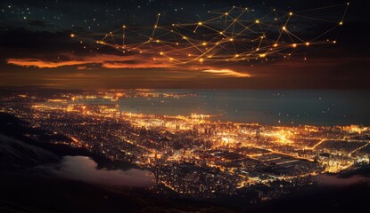 Night cityscape view with interconnected network. Golden lines connect illuminated city lights, a misty mountain range forms the foreground, and the sky transitions from orange sunset to starry night