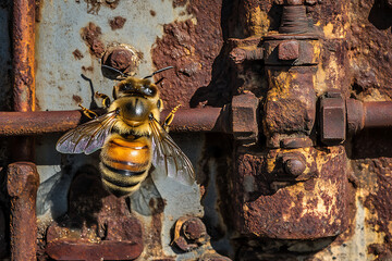 A dramatic overhead shot of a bee s shadow cast against the metallic curves of an intricate pipeline system 