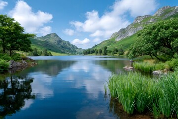 Blea Tarn reflecting clouds and mountains in Lake District National Park