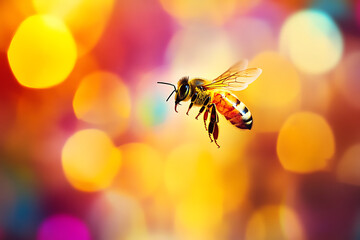 A fine art style image depicting a bee navigating industrial hazards the warm lighting lending a surreal dreamlike