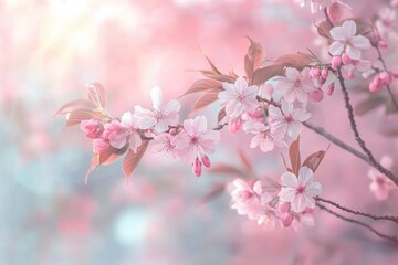 Obraz premium Delicate pink cherry blossoms in soft focus, bathed in pastel light