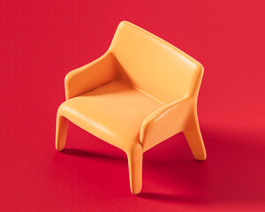 A minimalist and child-friendly orange plastic chair with a seamlessly molded form and sturdy legs, presented on a vibrant red background, 3d render