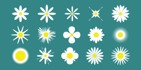 Collection of Simple Daisy Chamomile Icon with Yellow Centers on Teal Background.