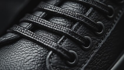 Close-up of black leather shoe laces and eyelets