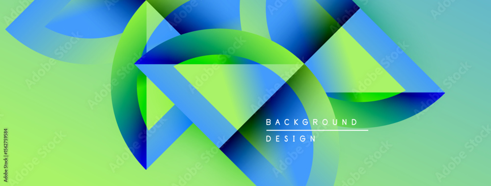 Poster abstract geometric shapes blend vibrant blues, greens, yellows. modern design creates dynamic visual