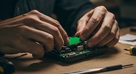 Skilled hands meticulously assemble a circuit board, showcasing precision and expertise in electronics repair.