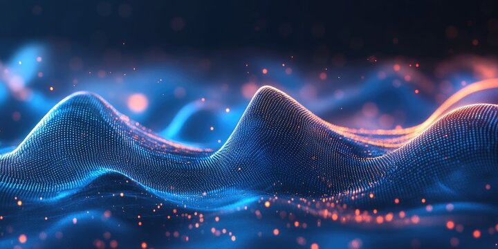 Abstract digital landscape of swirling, luminous,  wave-like forms