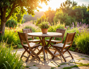 Serene Garden Scene: Wooden Table and Chairs Under Sunlight, Blooming Flowers