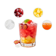 Refreshing fruit cocktail with grapes pineapple and ice on a white background