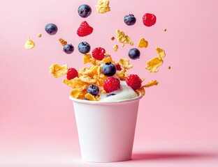 Yogurt parfait with cereal, berries, and blueberries in mid-air, in a white paper cup
