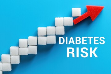 Sugar Cube Stairs: A visually arresting image presents the concept of 'Diabetes Risk', using sugar cubes arranged as rising stairs, topped with a vibrant arrow.