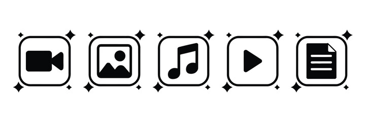 AI icon set. Buttons for generate media files image, video, audio and text with artificial intelligence. icons for app, website and user interfac and vector illustration