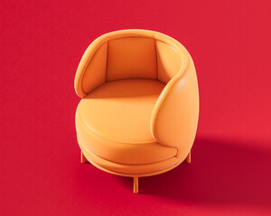 A contemporary orange tub chair with a fully upholstered, rounded form and a supportive back, offering a cozy and stylish seat on a red background, 3d rendering